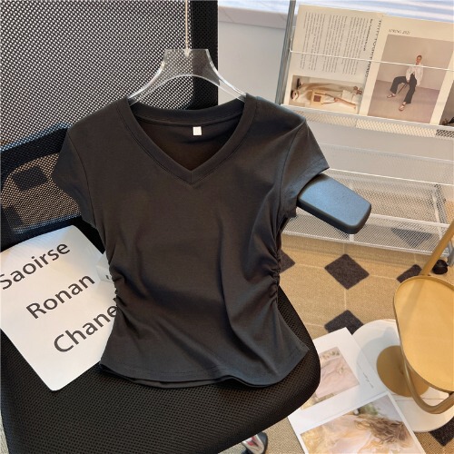 夏トップス半袖デザインおしゃれTシャツショートスリム万能レディーススリムVネック白シャツA4257|undefined