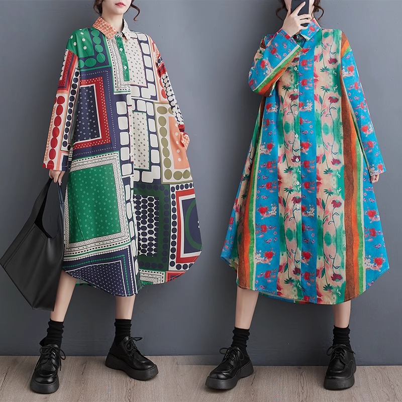 跨境欧美2025春季连衣裙长衬衫印花长袖宽松大码休闲遮肉潮流女装