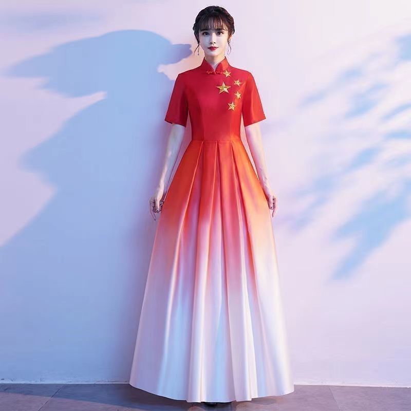 合唱演出服长裙红歌舞台合唱团成人比赛指挥表演服红色礼服|undefined