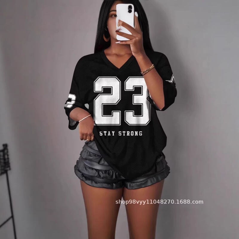 Cross-border Amazon sports style number 23 printed mesh short-sleeve t-shirt jersey casual loose top for men trendy