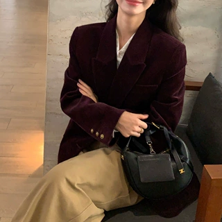 预售春秋时尚复古灯芯绒西装外套女宽松廓形通勤西服