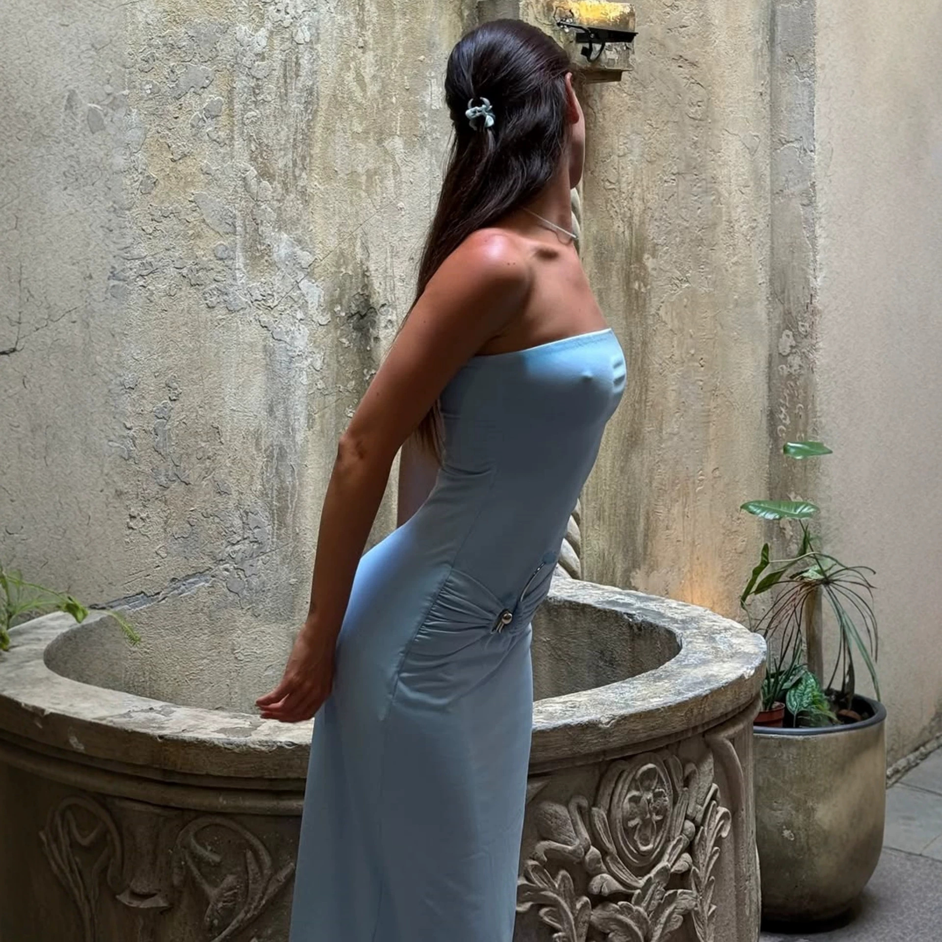 Women's Clothing Metallic Twist Strapless Long Skirt For Women Bodycon Slim Fit High Elasticity Solid Color Style_ecoleips.com