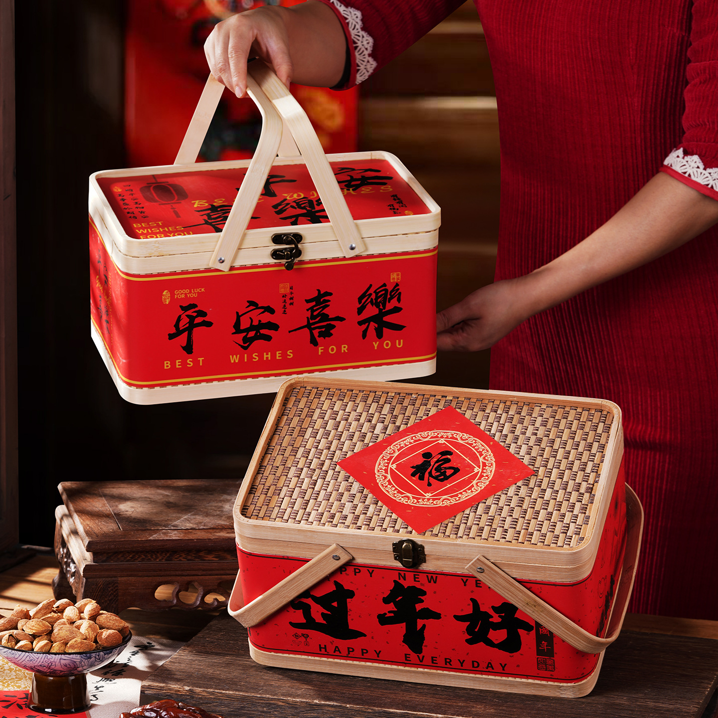 竹編み包装竹かご、春節、正月用品、ギフトボックス、竹箱、正月の珍味や果物の収納、持ち運び可能な竹かご