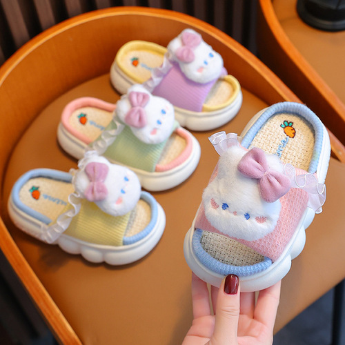 Spring and Autumn Children's Linen Sandals Four Seasons Indoor Household Breathable Girls Parent-child Middle-aged Children Baby Cotton Linen Slippers