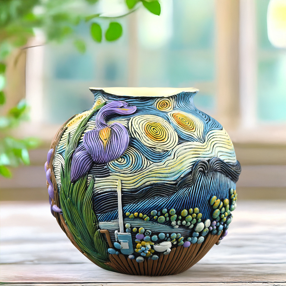 Overseas Hot Selling Van Gogh Inspired Night Vintage Art Flower Pot Home Living Room Simple Flower Arrange Black Flower Pot Ornaments
