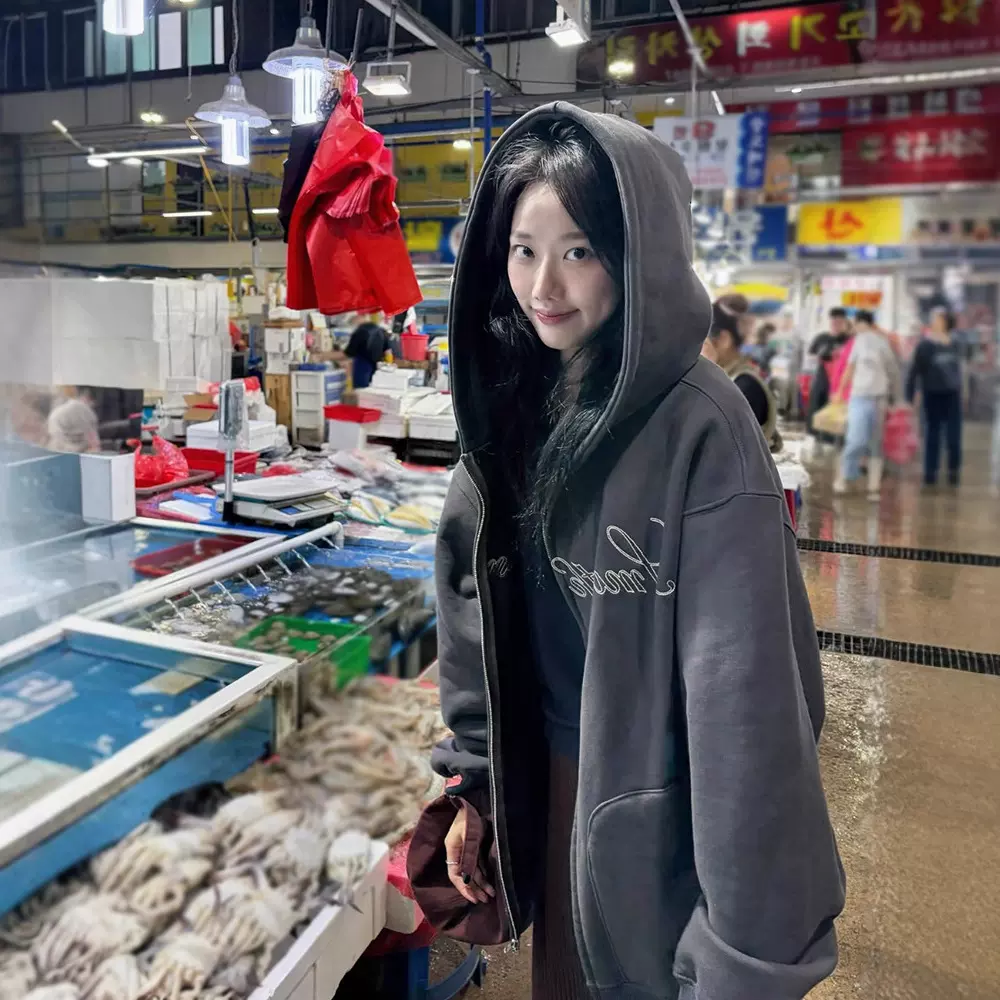 生C 李娜恩同款加绒连帽卫衣女2025秋冬宽松拉链外套smoothmo*d