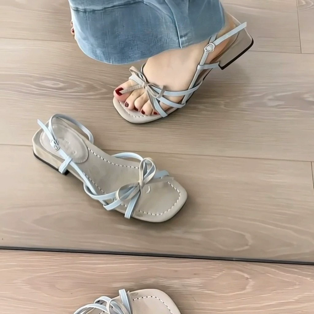 Французские элегантные босоножки с бантом для женщин 2025, новые элегантные с юбкой, открытый носок, толстый каблук, однорядные босоножки с тонкими ремешками