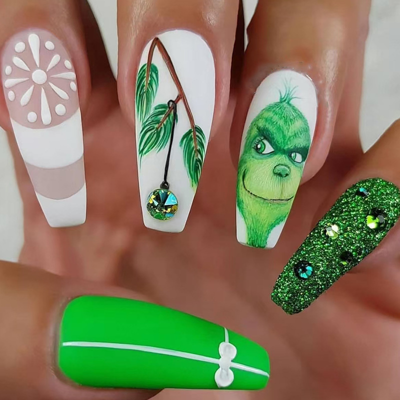 Autumn and winter new handmade high fashion wearing armor piece Christmas green hair Grinch cartoon nail art cross-border
