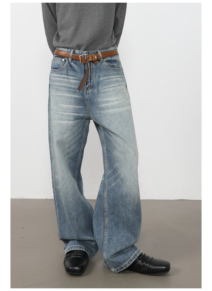 Quần jeans nam ống rộng lưng giữa, dáng suông thoải mái, chất denim washed — màu xanh, màu xanh nhạt, màu xám đen chi tiết 9