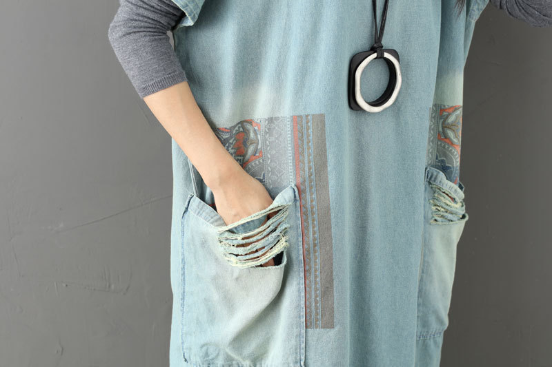 Vintage Robe Printed Distressed Worn Large Pocket Short Sleeve Dress
