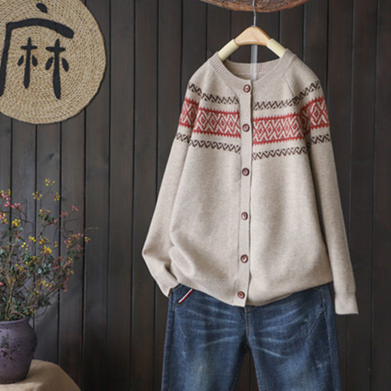2023 autumn and winter new ethnic style loose knitted cardigan jacquard sweater versatile retro lazy style coat for women