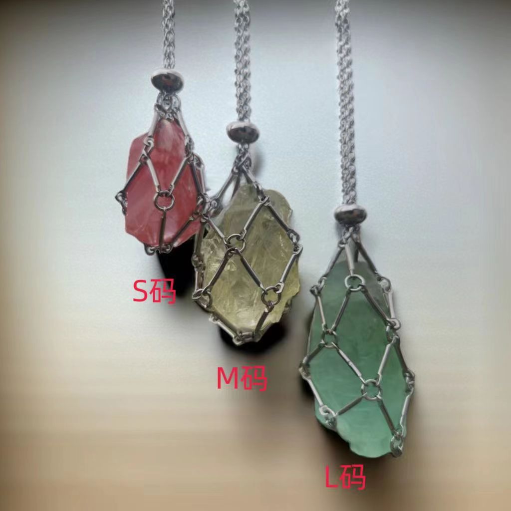 Metal de acero inoxidable de bambú tejido de malla bolsa colgante cristal natural malla bolsa collar cristal crudo piedra collar ajustable