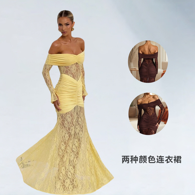 Amazon 2025 Sexy Hollow One-Neck Slim Long-Sleeved Fishtail Long Dress Party Dress Long Dress