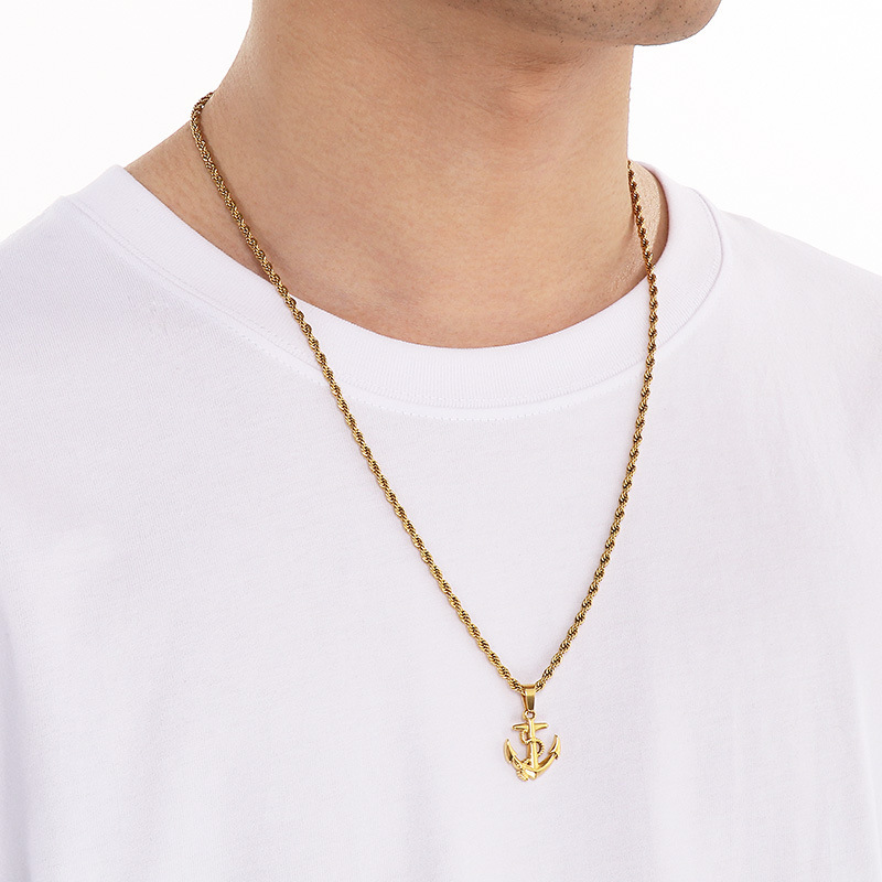 Collier ancre et croix rétro pour homme en acier inoxydable_voghion.com