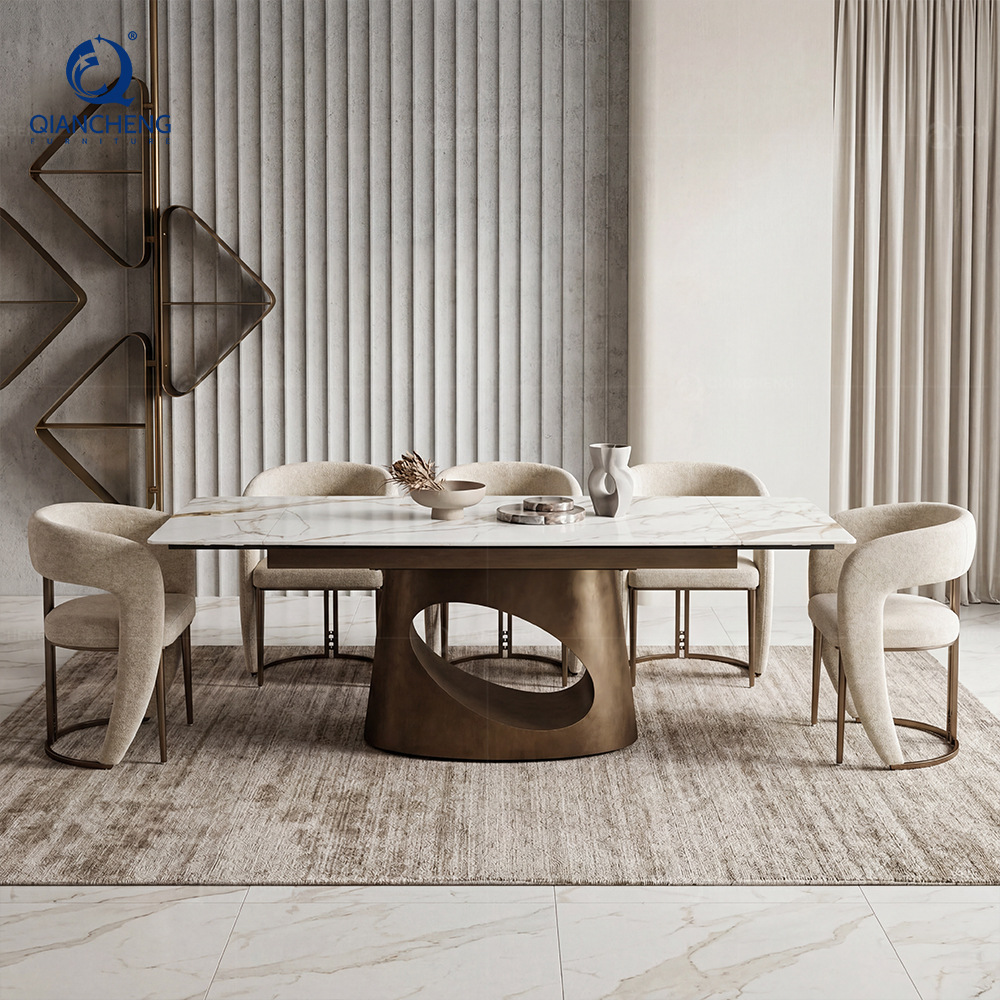Mesa de Comedor Extensible de Piedra Sinterizada y Acero Inoxidable, Ajustable, para Restaurante