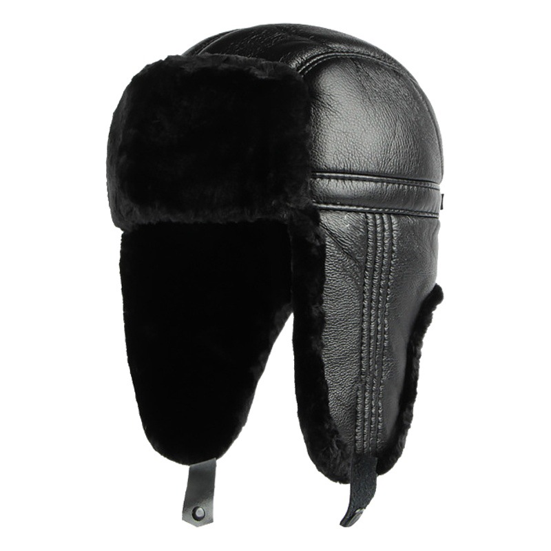 Pu Cuero cuero noreste algodón sombrero hombres al aire libre ciclismo impermeable a prueba de viento a prueba de nieve sombrero negro protección del oído caliente Lei Feng sombrero