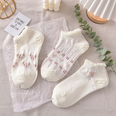 Summer thin white socks for women, boat style, pure cotton, breathable, shallow mouth, short socks, Japanese JK Lolita floral edge, casual and versatile.