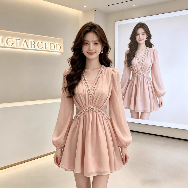 Casual 2026 New Style V-Neck Beaded Long-Sleeve Dress, Solid Color Chiffon Versatile Slim-Fit Waist-Cinching Youthful Short Dress Casual 2026 New Style V-Neck Beaded Long-Sleeve Dress, Solid Color Chiffon Versatile Slim-Fit Waist-Cinching Youthful Short Dress
