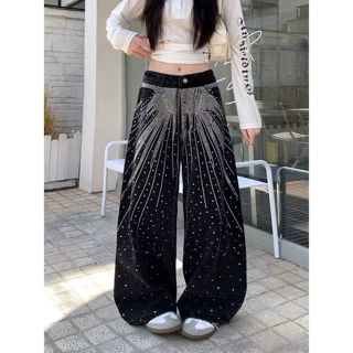 跨境设计感重工潮牌满天星烫钻潮男女2026弯刀水洗直筒裤牛仔裤