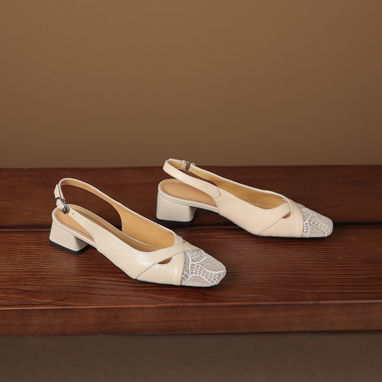 Sandal cao gót nữ hở mũi da cừu lưới phối màu quai ngang khóa — màu đen, màu trắng ngà chi tiết 40