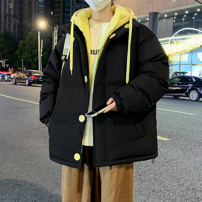 (2개) 코튼 패딩 재킷 남자의 겨울 새로운 가짜 2 피스면 패딩 재킷 잘 생긴 올 매치면 패딩 재킷 후드 따뜻한 빵 세트 어린 학생들을위한