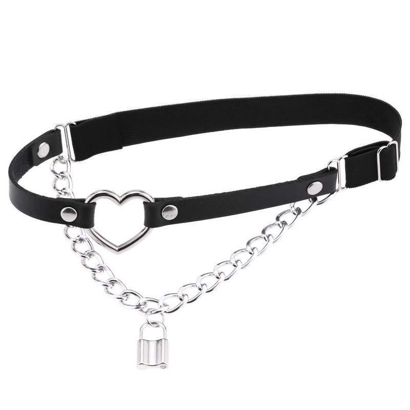 Gothic punk fashion leather chain lock leg belt personality stage high elastic heart peach thigh ring Garter