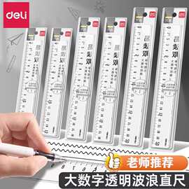 得力透明直尺带波浪线尺小学生格尺15/20cm塑料尺绘图测量刻度尺