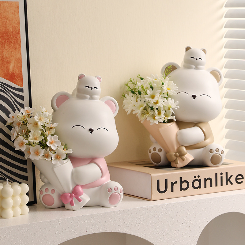 Cream style parent-child bear bouquet home resin ornaments wine cabinet desktop study flower arrangement crafts decoration ornaments