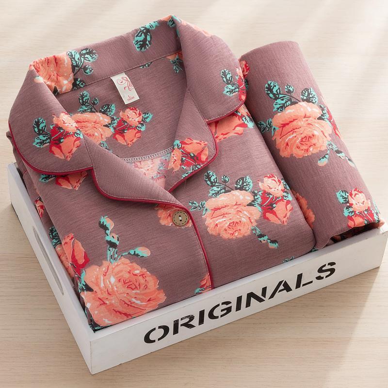 100% puro algodón pijamas de alta gama Primavera y otoño de las mujeres de manga larga de dos piezas de moda dulce Otoño e Invierno mamá ropa para el hogar