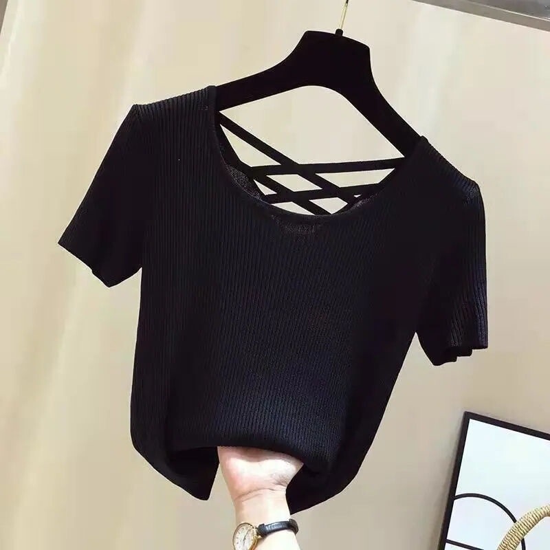 Backless T-Shirt for Women, Short Sleeve, 2026 New Spring/Summer Slim-Fit Knit Top, Ice Silk Tee, Slightly Sheer Base Shirt