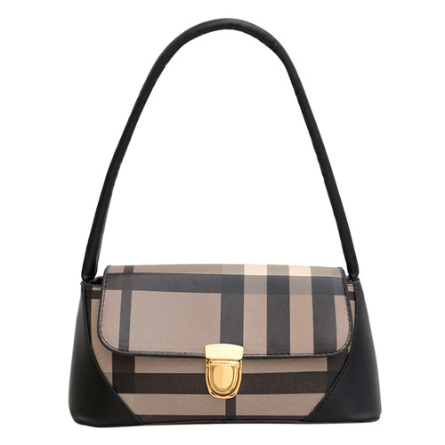 Plaid Contrast Color Bag Women's Fashion Personalized Shoulder Underarm Bag  New Trendy Niche Design Lock Small Shoulder Bag