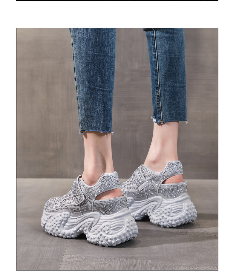 Sandal nữ đế dày đính đá phong cách La Mã, gót cao 8 cm — bạc chi tiết 11