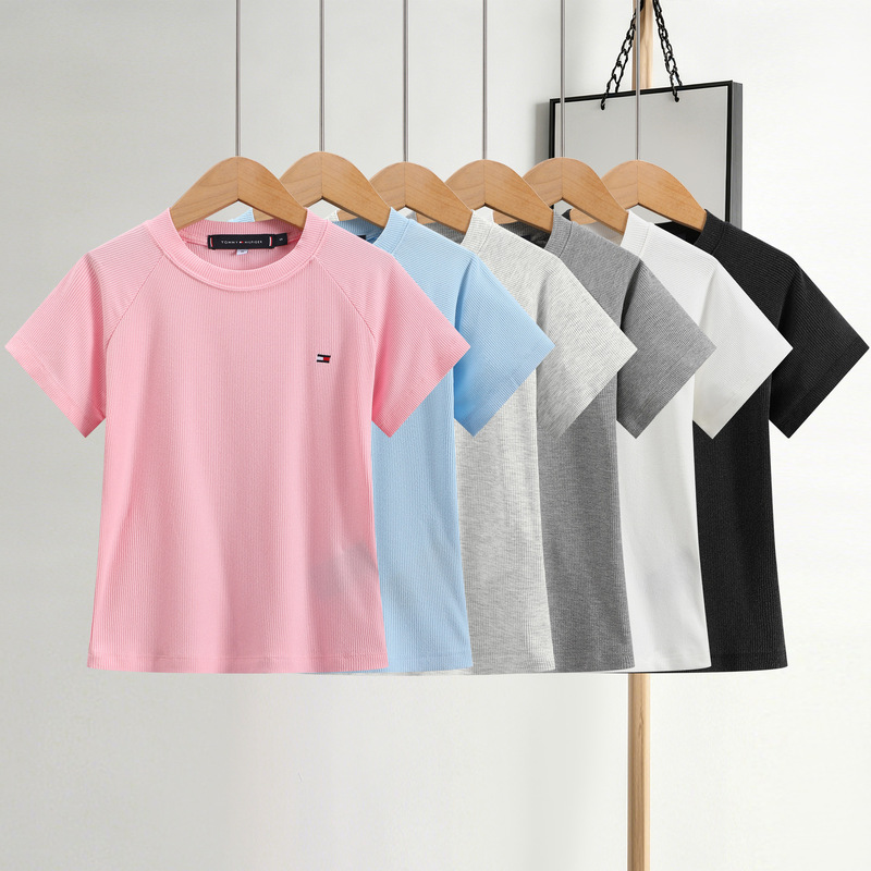26 New Model Tommy Embroidered 6-Color Women's Round Neck Slim-Fit Short Sleeve T-Shirt, Slimming and Stretchy Women's Short Sleeve T-Shirt 26 New Model Tommy Embroidered 6-Color Women's Round Neck Slim-Fit Short Sleeve T-Shirt, Slimming and Stretchy Women's Short Sleeve T-Shirt