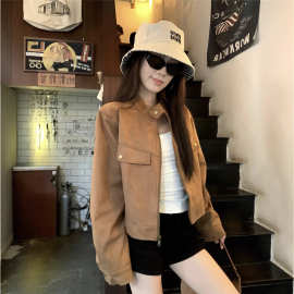 美拉德鹿皮绒立领夹克外套女2025秋季新款复古气质宽松长袖机车服