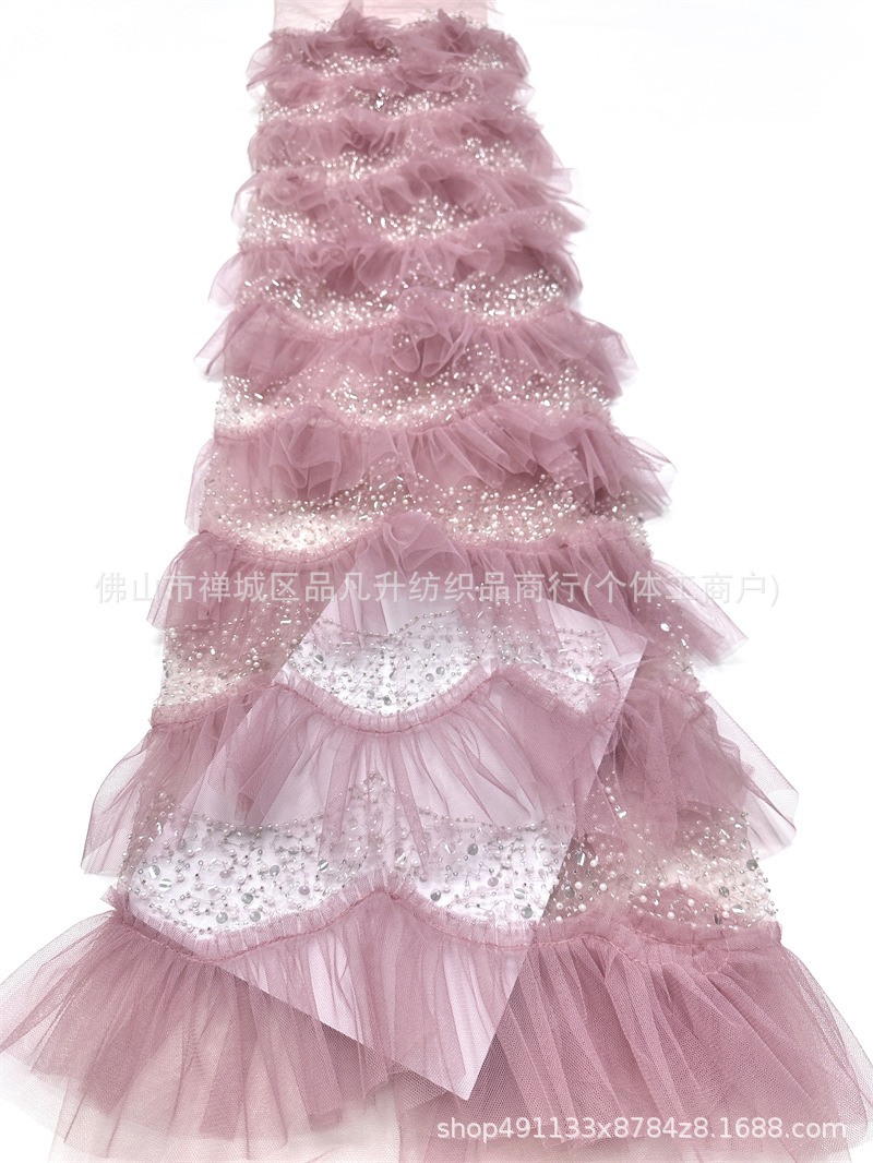 Falda de pastel laminada hecha a mano hilo de malla de perlas ligero lujoso vestido de aire de hadas de estilo de moda alta tela de vestido