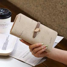 恋步钱包女士长款多功能韩版PU大容量手拿包叶子印花搭扣拉链钱包