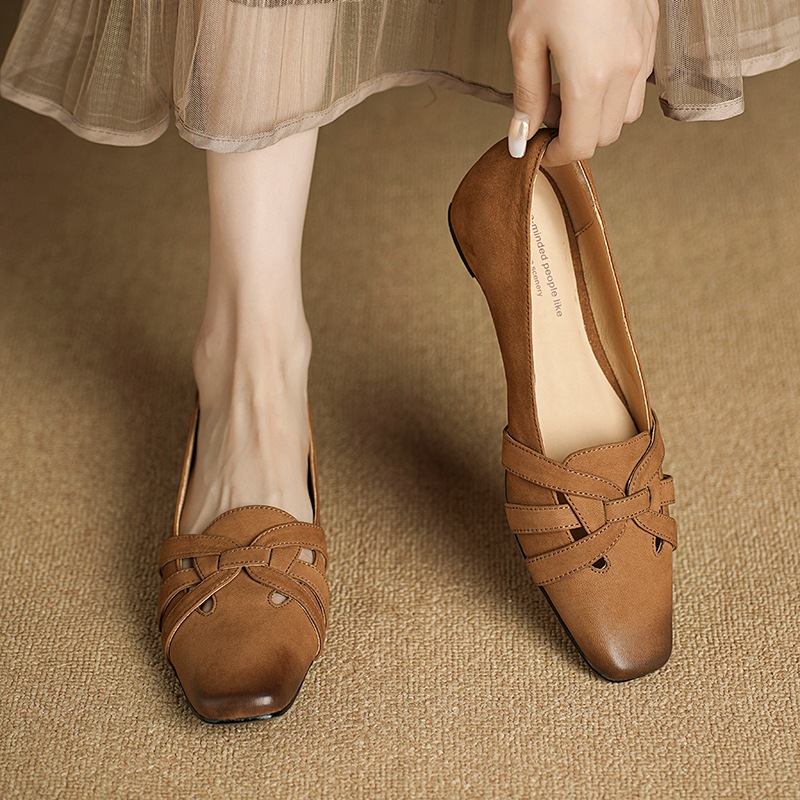Giày ballet nữ mũi vuông da cừu đế bệt quai mảnh phong cách cổ điển — màu nâu