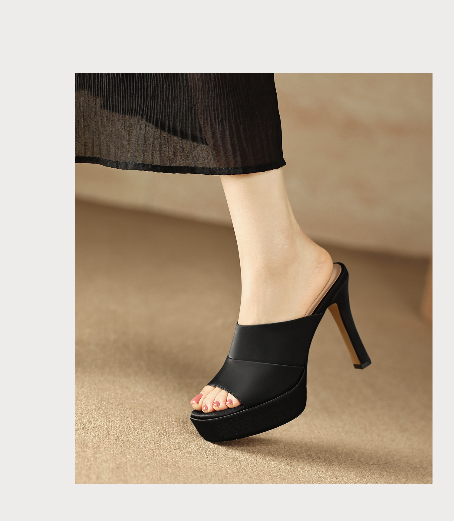 Sandal cao gót nữ quai ngang hở mũi đế platform gót nhọn 9 cm — màu đen, bạc chi tiết 17