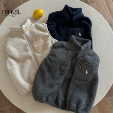 柠里儿童羊羔绒马甲男童秋冬新款小童加绒背心纯色宝宝坎肩女洋气