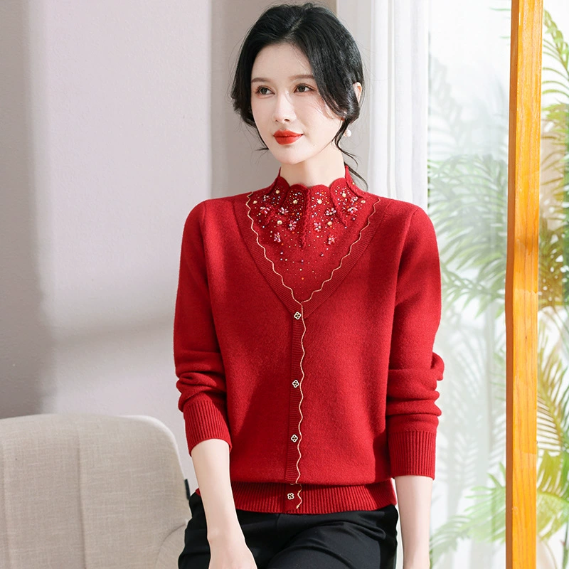 Год рождения Одежда для мамы красный модный свитер внутренняя одежда для среднего и пожилого возраста осенне-зимняя рубашка на флисовой подкладке Новогодняя одежда