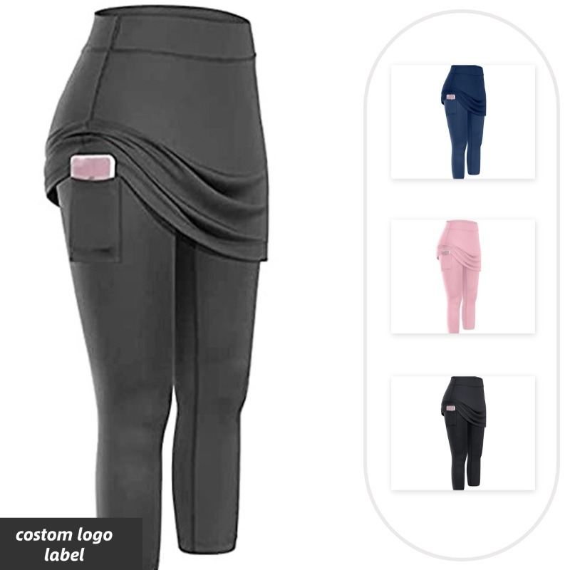 European and American Solid Color Fake Two-Piece Cropped Trousers Slim-Fit Elastic High Waist Fitness Yoga Sports Running Culottes