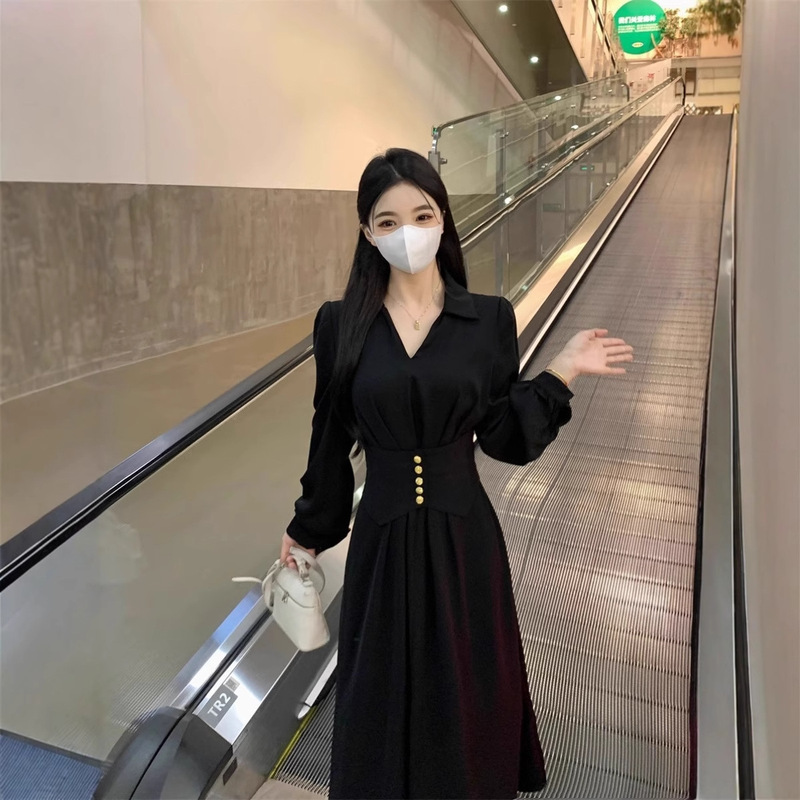 大码法式赫本风黑色v领长袖连衣裙女春季微胖mm收腰显瘦气质裙子|undefined