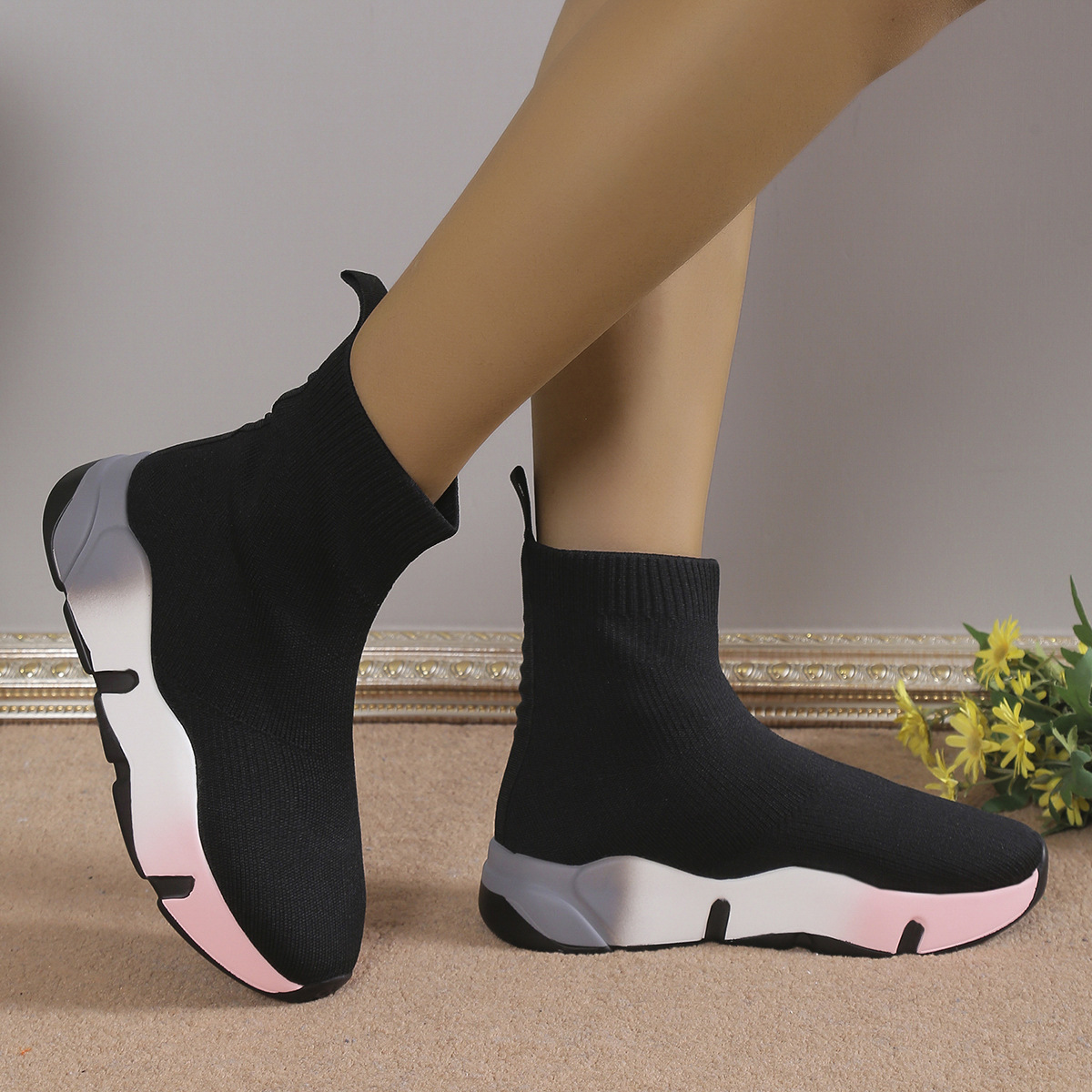 Stivali corti da donna taglie forti in Flyknit, stile europeo/americano, con suola spessa, traspiranti, casual e alla moda, perfetti per la primavera._voghion.com