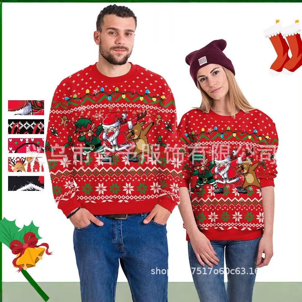 圣诞节女装2024春季跨境新款3d数码印花圣诞圆领卫衣上衣情侣装