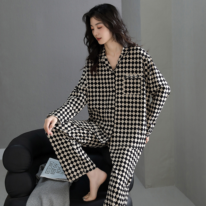 New Pajamas for Women in Spring and Autum Pure Cotton Long-Sleeved Lapel Ins Style Foreign Style High-Looking Home Wear Set Autum and Winter Style New Pajamas for Women in Spring and Autum Pure Cotton Long-Sleeved Lapel Ins Style Foreign Style High-Looking Home Wear Set Autum and Winter Style
