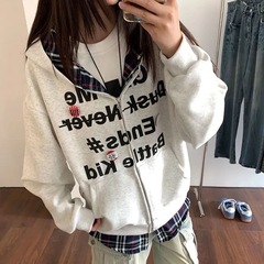 重磅棉质美式假两件拼接格纹开衫连帽卫衣女宽松oversize休闲外套