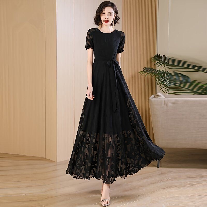 Summer Black Chiffon Dress for Women, Long to the Ankle, 2026 New Style, Extra-Long Formal Occasion Floral Flared Dress Summer Black Chiffon Dress for Women, Long to the Ankle, 2026 New Style, Extra-Long Formal Occasion Floral Flared Dress