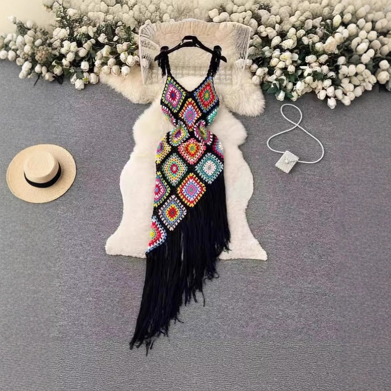 Bohemian Ethnic Style Vacation Dress Women's Niche Design Sense Irregular Hollow Crochet Tassel Sling dress