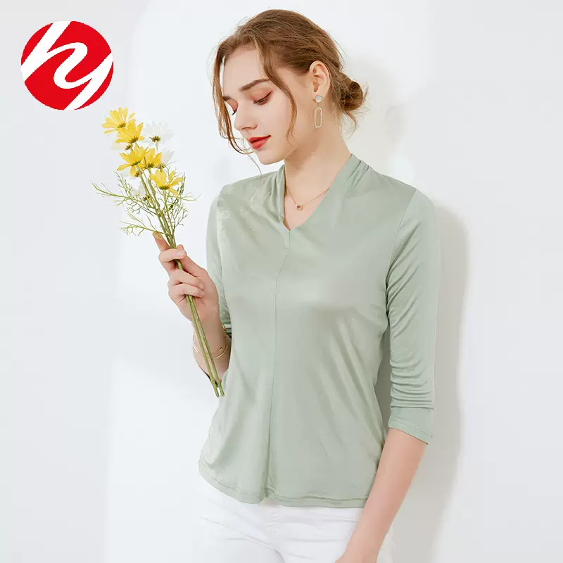 秋季新品真丝t恤女纯色双面桑蚕丝针织气质V领七分袖宽松女装上衣