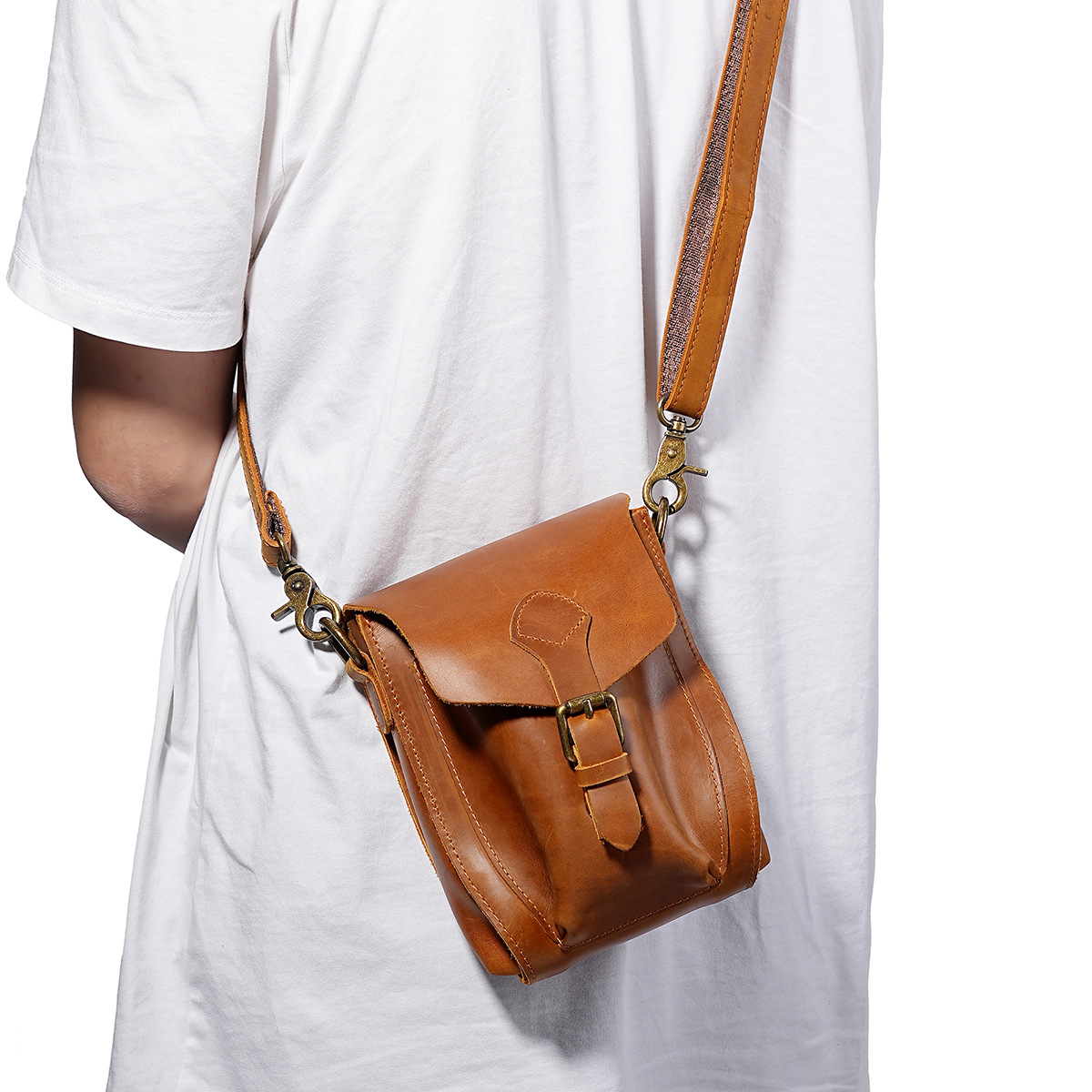 Crazy Horse Leather Original Personalized Men's Small Square Bag, Cowhide Crossbody Bag, Belt Waist Bag, Phone Holder, Genuine Leather